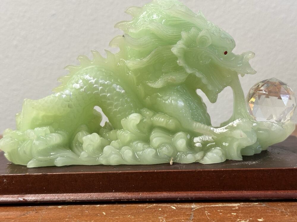 Gallery Collection Chinese Dragon Sculpture Green Stone Style Wood Base